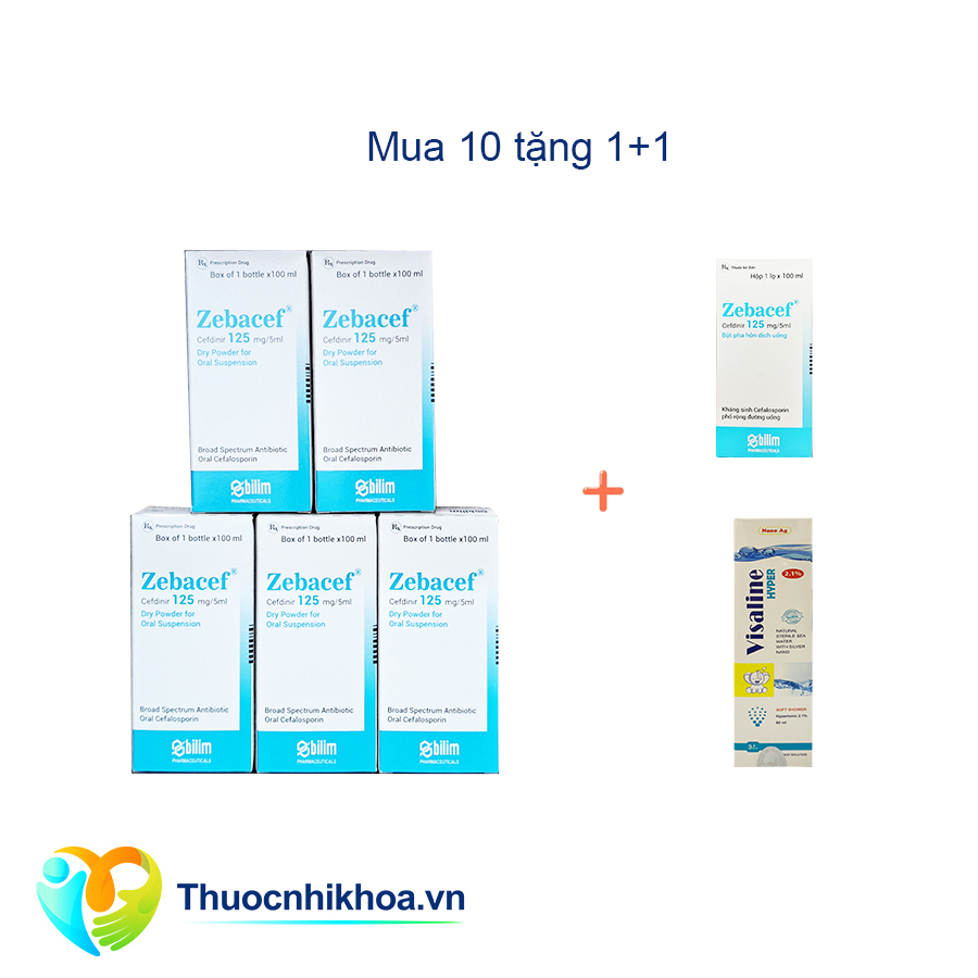 Zebacef 125mg/5ml - Combo mua 10 chai Zebacef tặng 1 chai Zebacef + 1 lọ Visaline 2,1% hyper 60ml